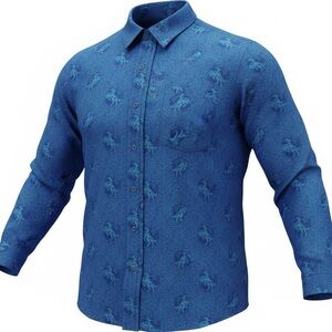 Wrangler Blues Sz XL Blue Ruffle Roping Bucking Bronco Horse Button Down Shirt